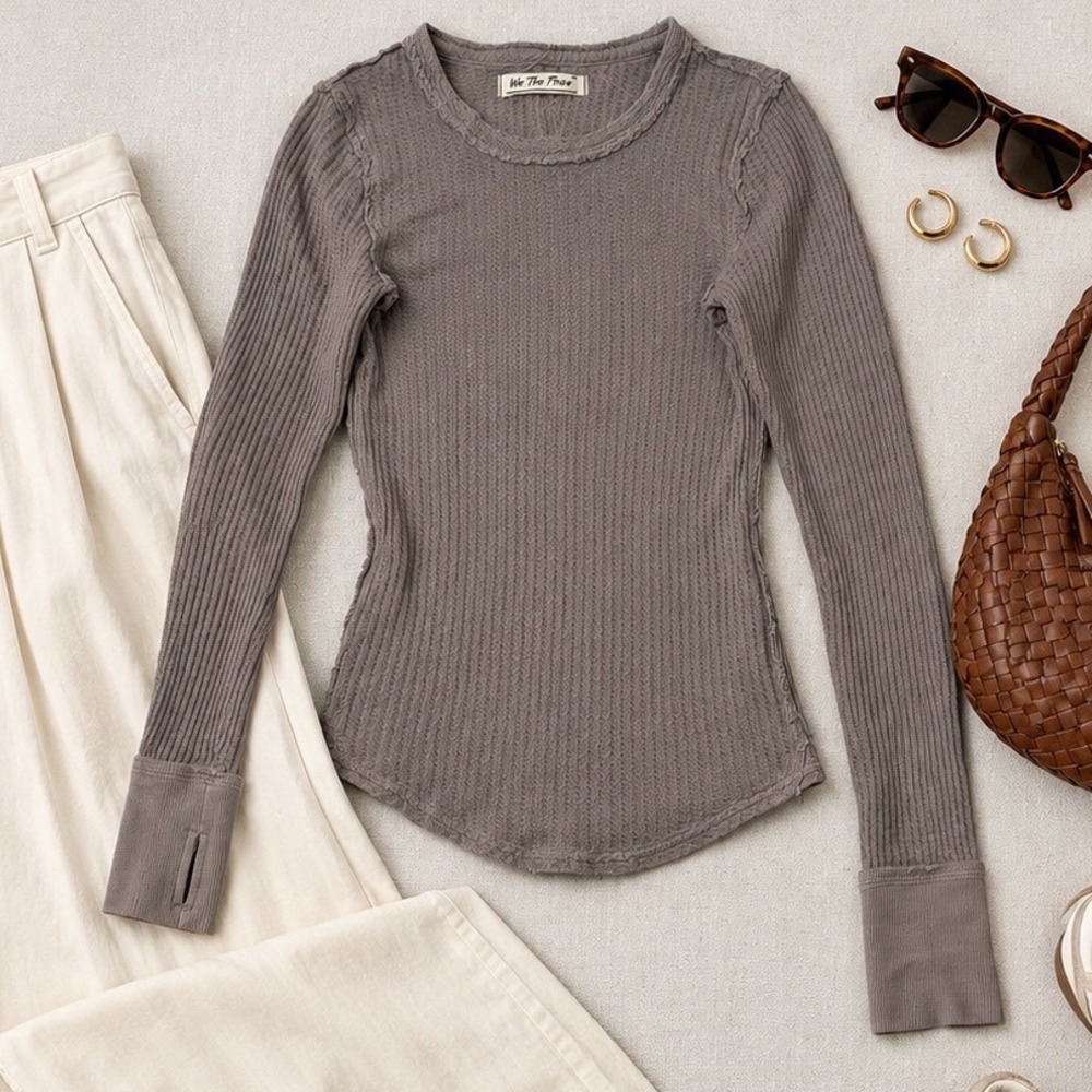 We The Free Free People Taupe Grey Waffle Knit Thermal Thumbhole Top XS